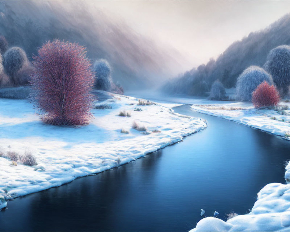 Snow-covered winter landscape with meandering river and frosted trees