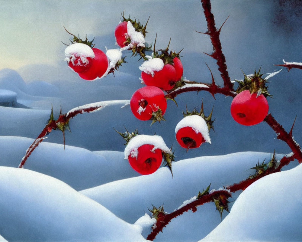 Snow-covered Red Berries on Leafless Branches in Winter Landscape