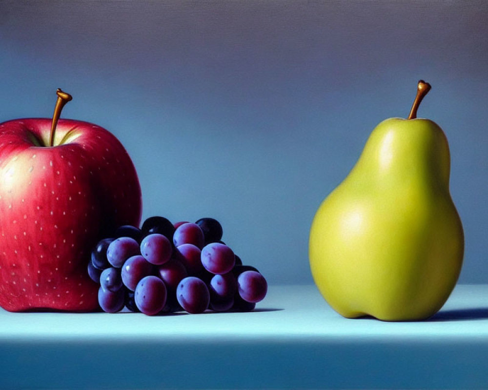 Realistic still life painting of fruits on reflective surface in blue-gray background