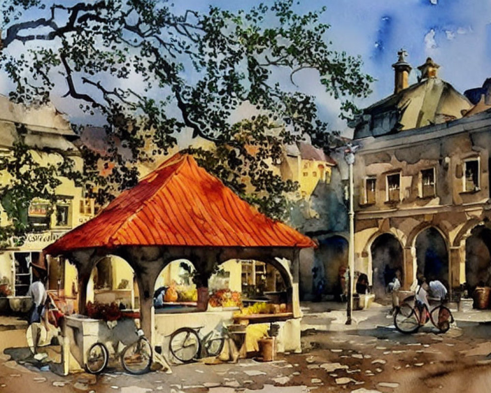 Colorful Watercolor Street Scene with Market Stall, People, Buildings, and Bicycle