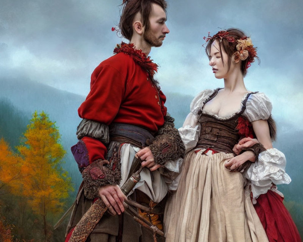 Male and female historical figures in autumn landscape with overcast skies