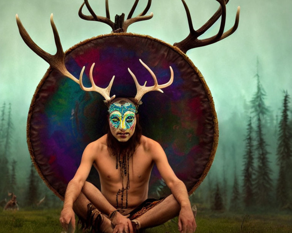 Person with Deer Skull and Antlers in Meditative Pose Outdoors