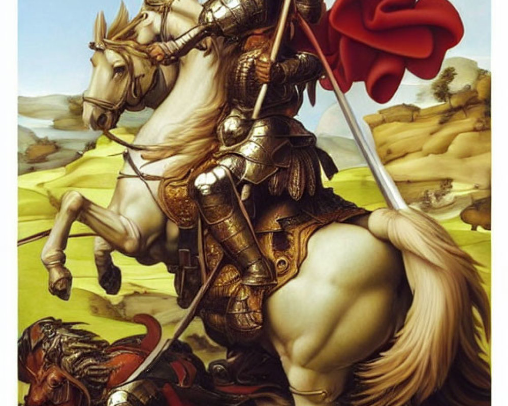 Medieval knight on white horse with spear in hilly landscape