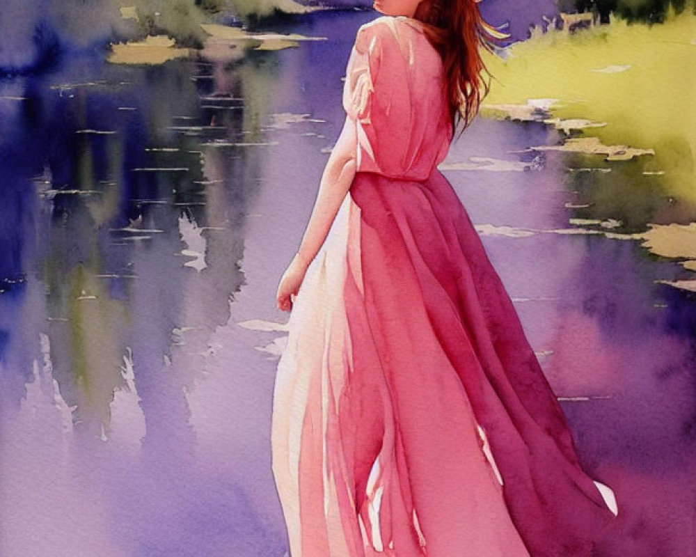 Woman in pink dress by tranquil river in serene nature setting