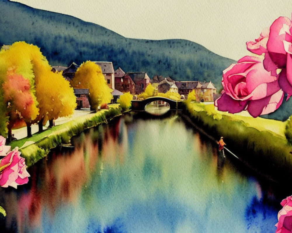 Colorful Watercolor Painting of Vibrant Roses and Serene Landscape