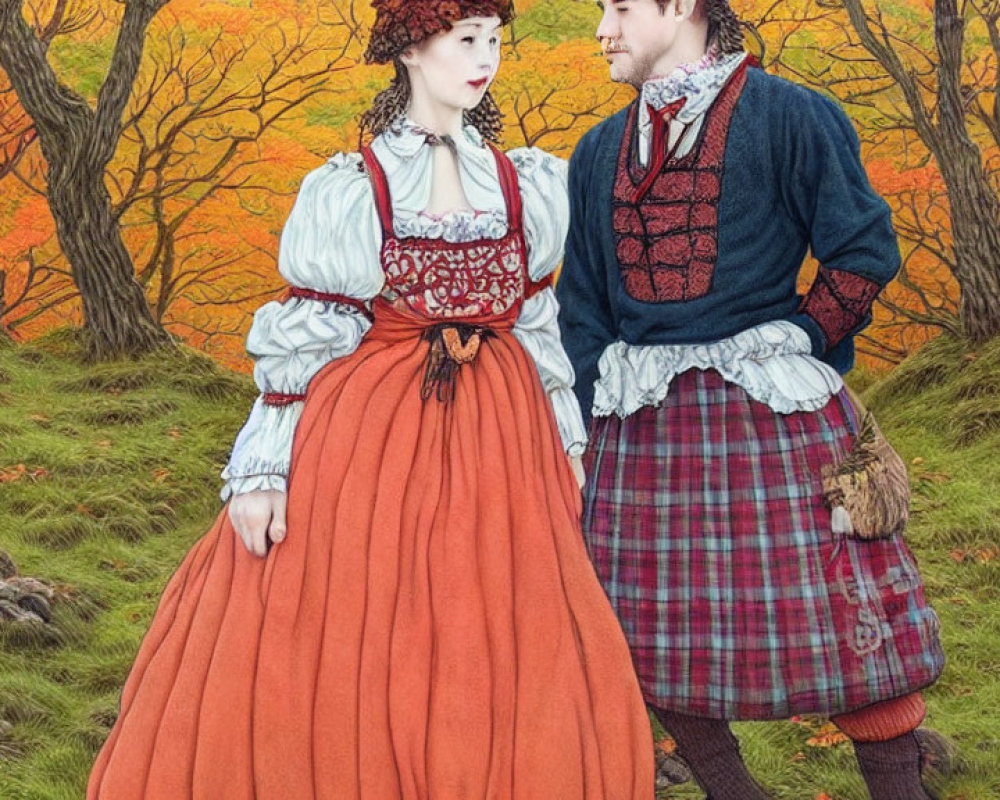 Traditional Scottish Attire Against Autumn Trees