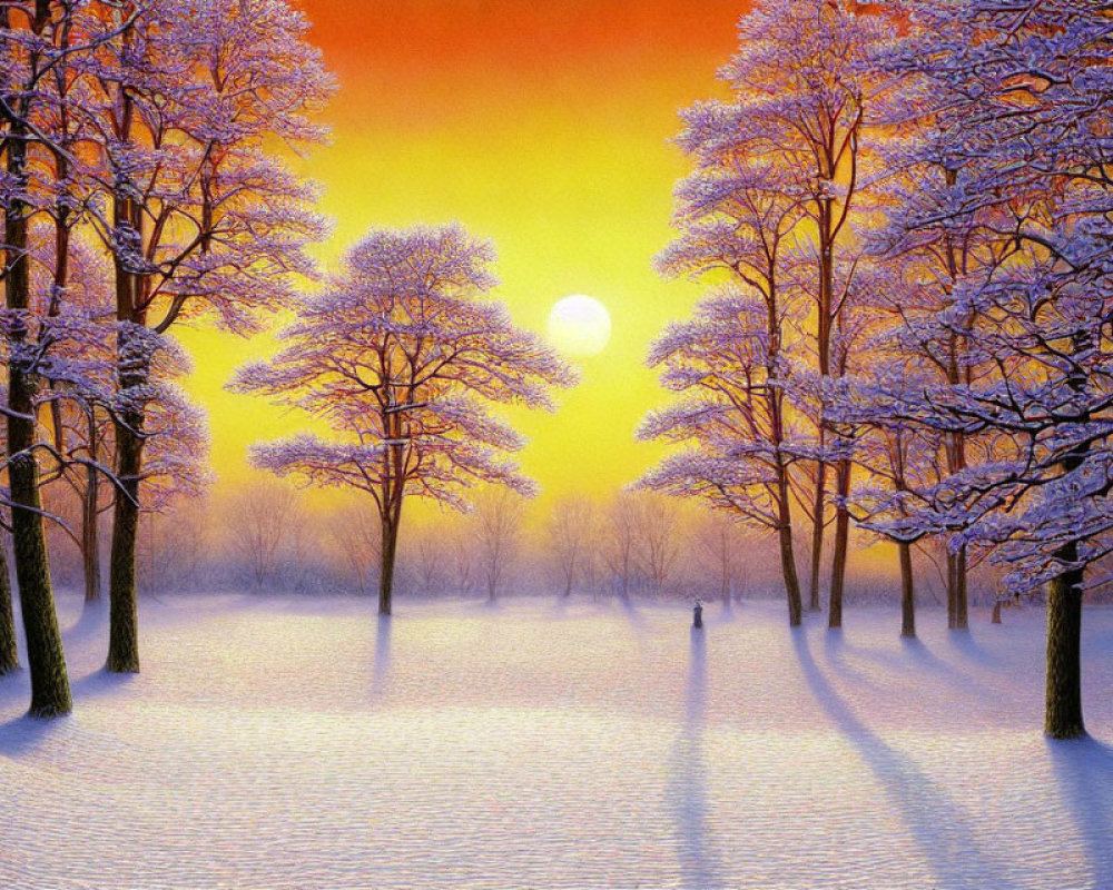 Snowy Sunset Landscape with Snow-Covered Trees and Orange Sky