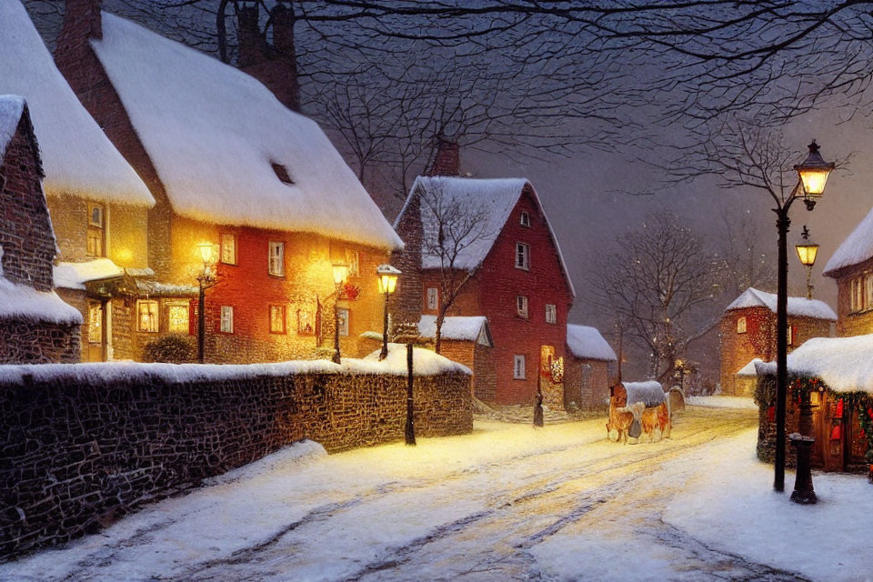 Snow-covered village street at dusk with glowing lights, street lamps, and horse-drawn carriage