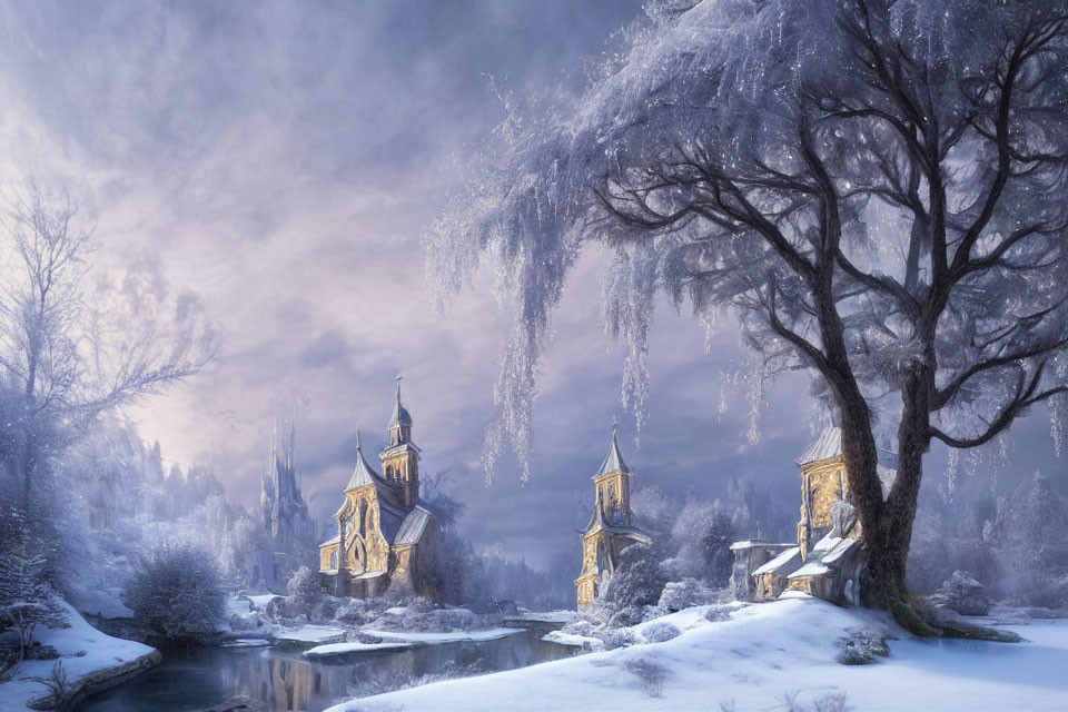 Snowy landscape with golden-roofed churches, frozen river, and frost-covered trees