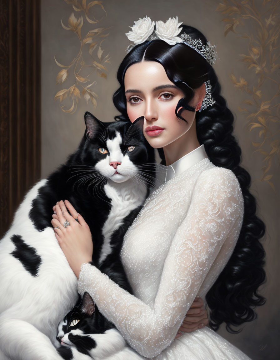 Woman in white dress with tiara holding black and white cat on floral background