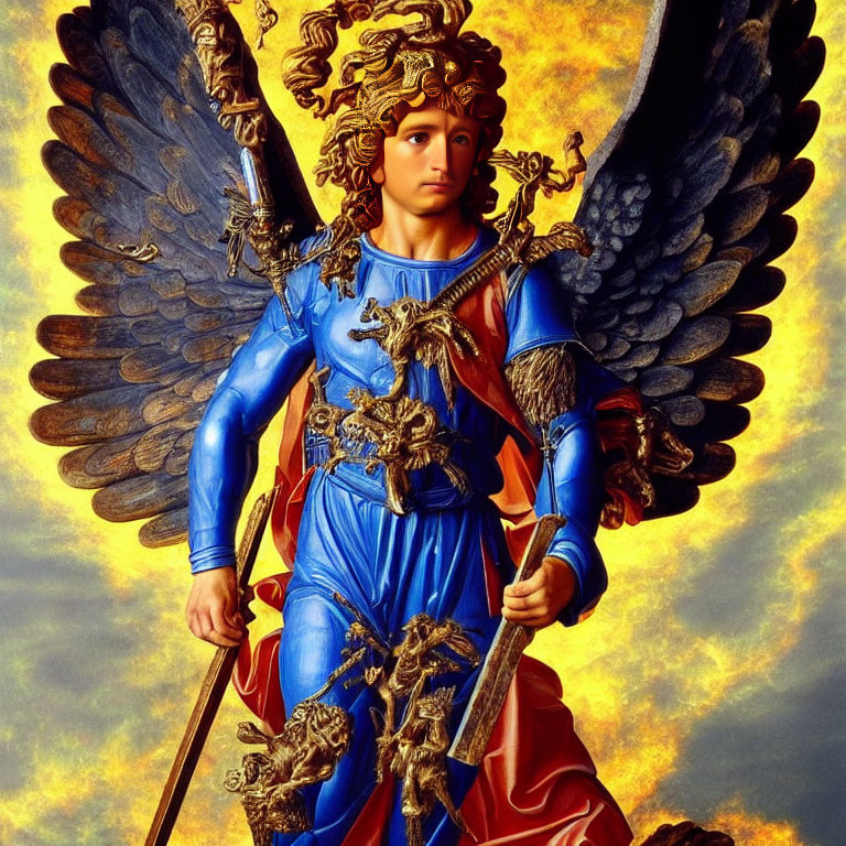 Angel in Blue Armor with Staff Against Golden Sky