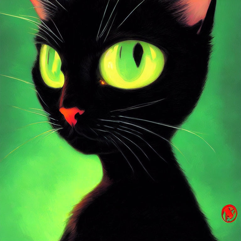 Stylized digital painting of a black cat with green eyes on vibrant green backdrop