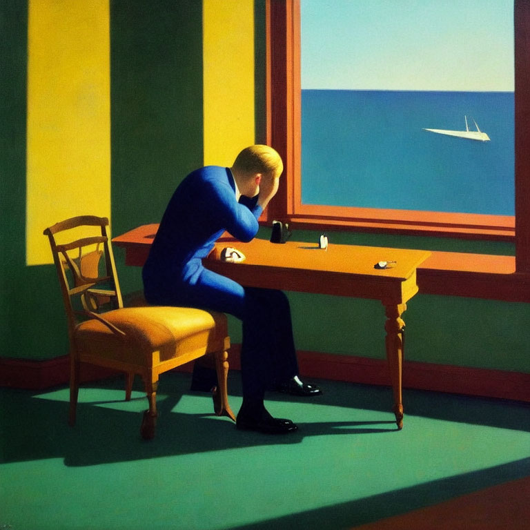 Person in blue at table with sea view and sailboat in sunny room