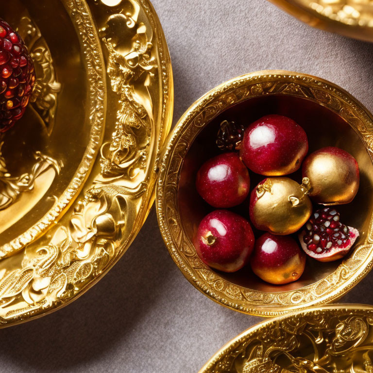 Golden dish with pomegranates and balls on neutral surface