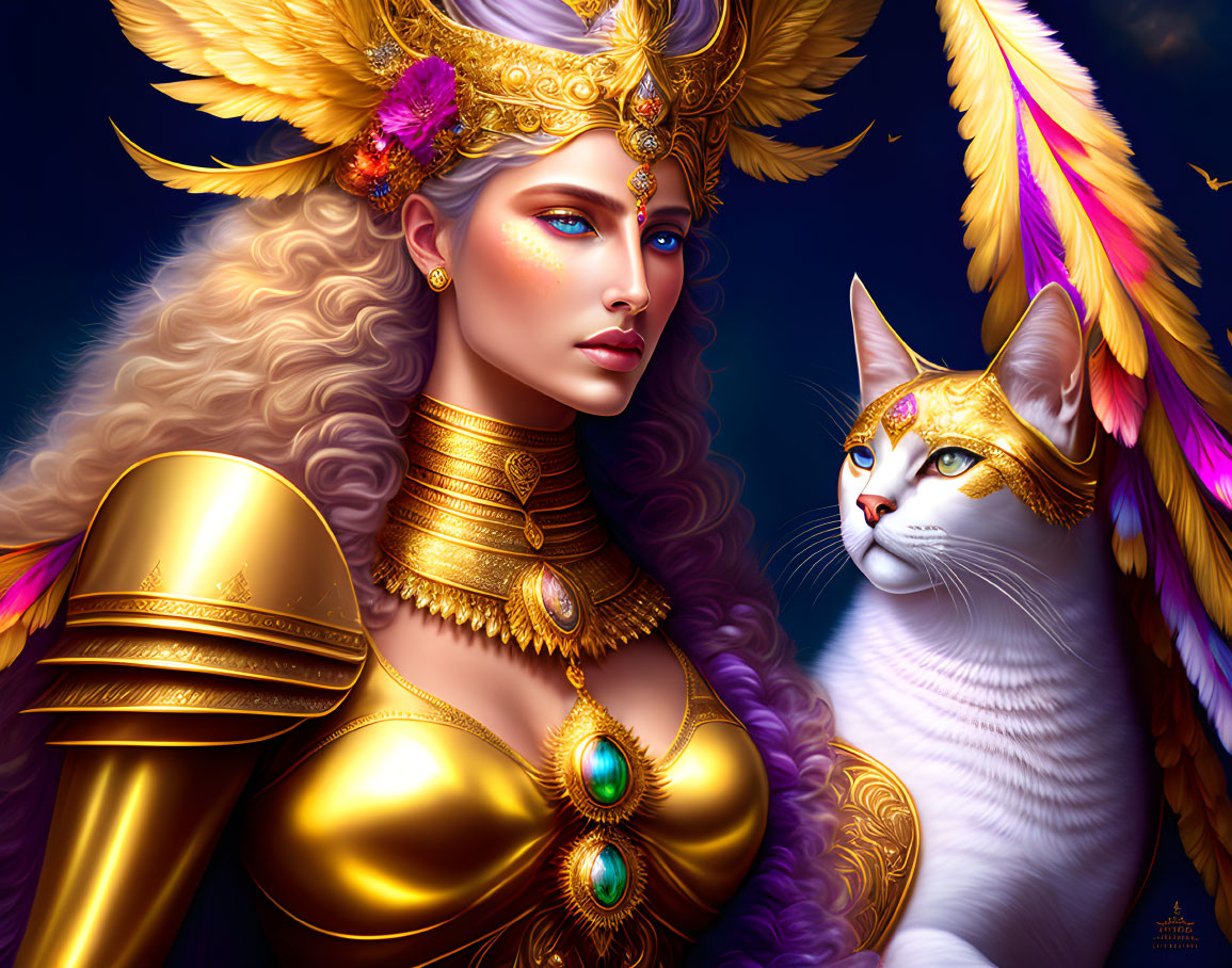 Regal woman and majestic cat in golden armor with feathers and jewels