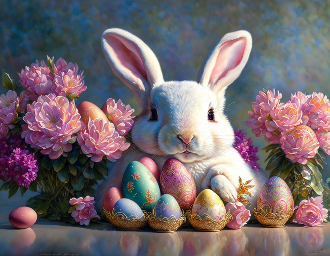 Illustration of white rabbit with Easter eggs and pink flowers