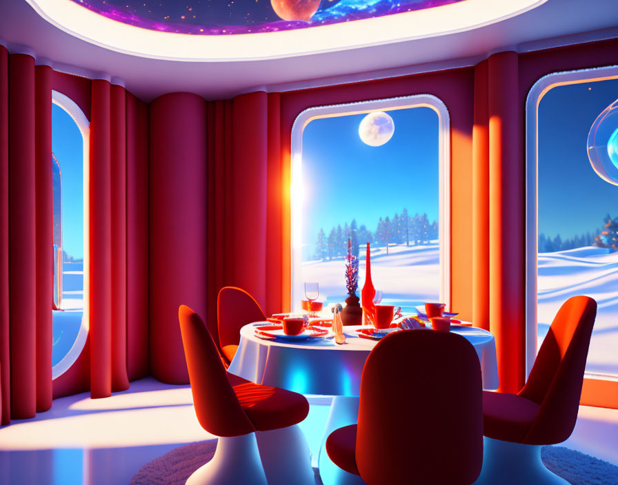 Futuristic dining area with snowy landscape view & warm lighting