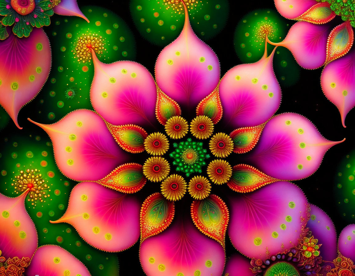 Symmetrical magenta and green floral mandala digital art piece