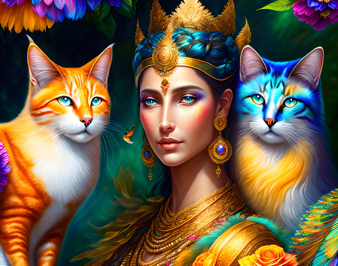 Woman in golden attire with vibrant blue and orange cats