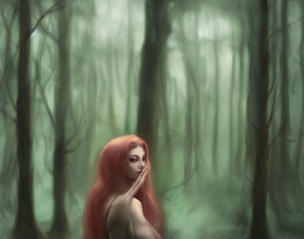 Red-haired woman in misty forest gazes afar