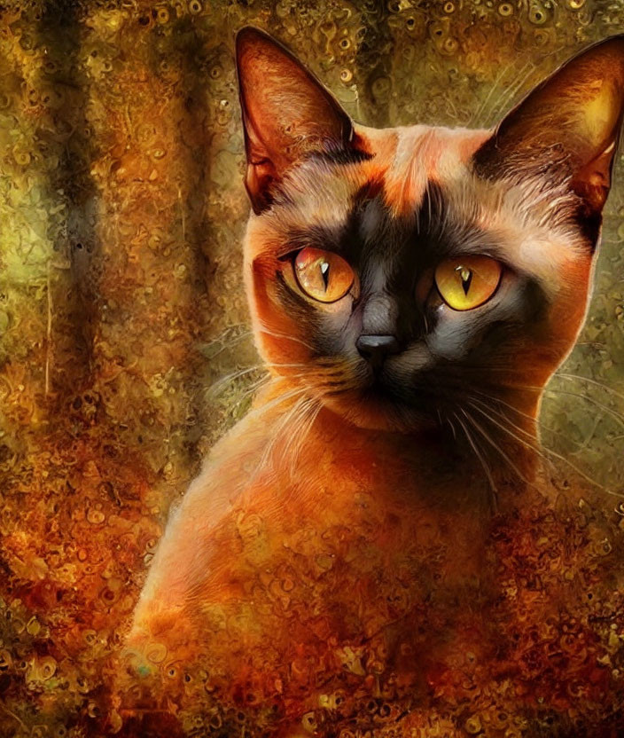 Brown Cat with Yellow Eyes on Textured Golden Background: Mystical Artistic Rendition