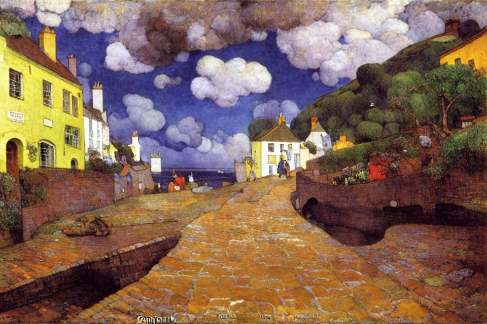 Colorful painting of a hilly town street by the sea