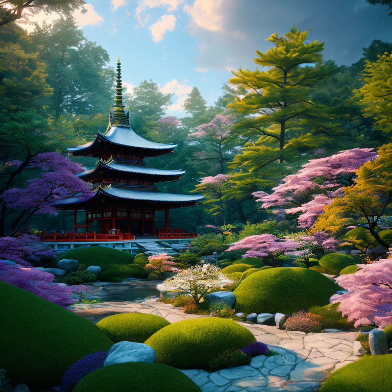 Japanese Garden with Pagoda, Flowering Trees, Stone Path, and Pond