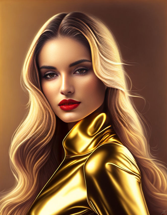 Blonde woman in golden outfit and red lipstick on warm background