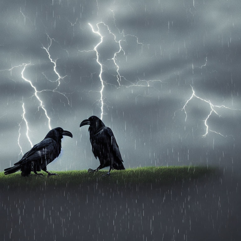 Two ravens on grassy hill under lightning storm.