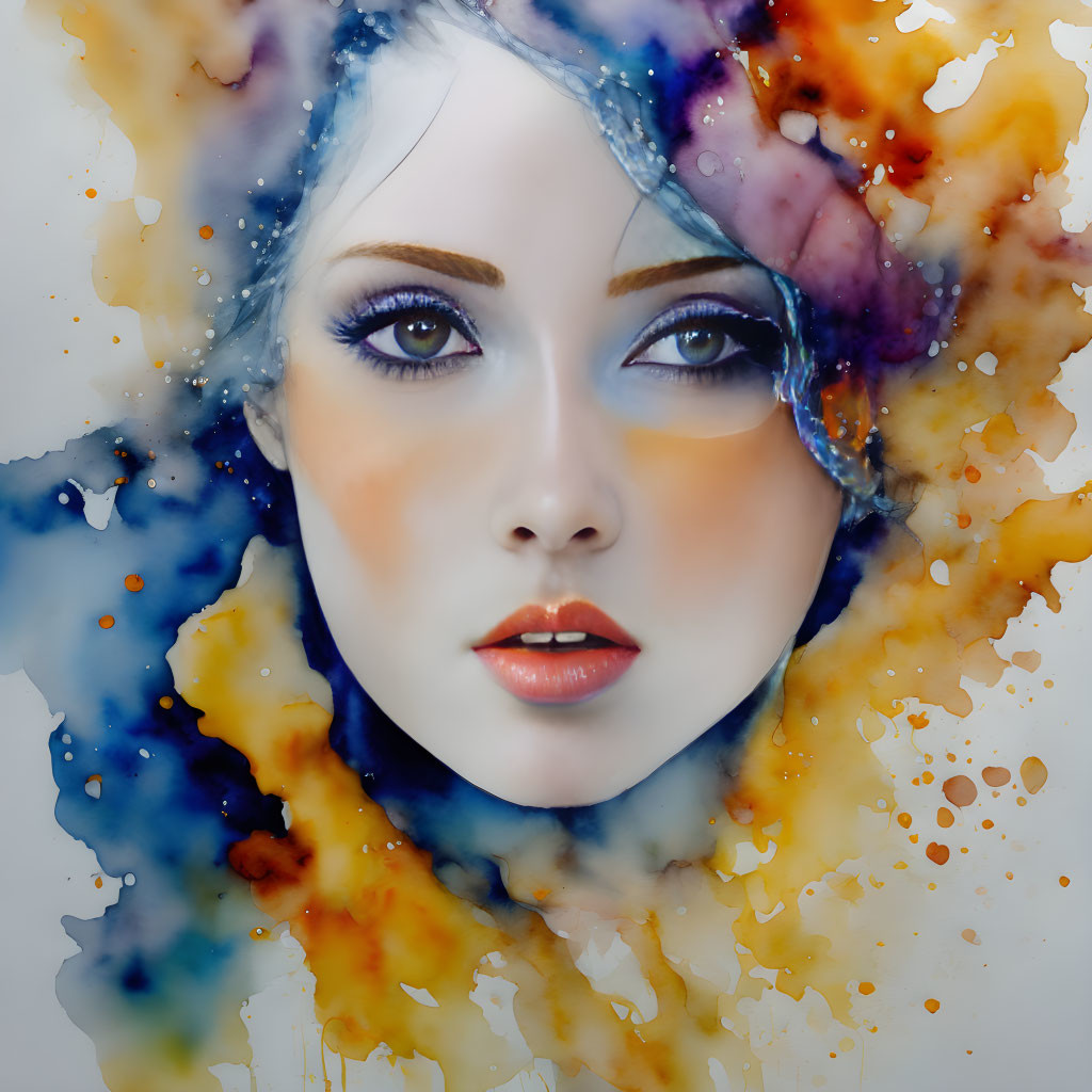 Portrait of a woman with striking blue eyes and vibrant watercolor splashes