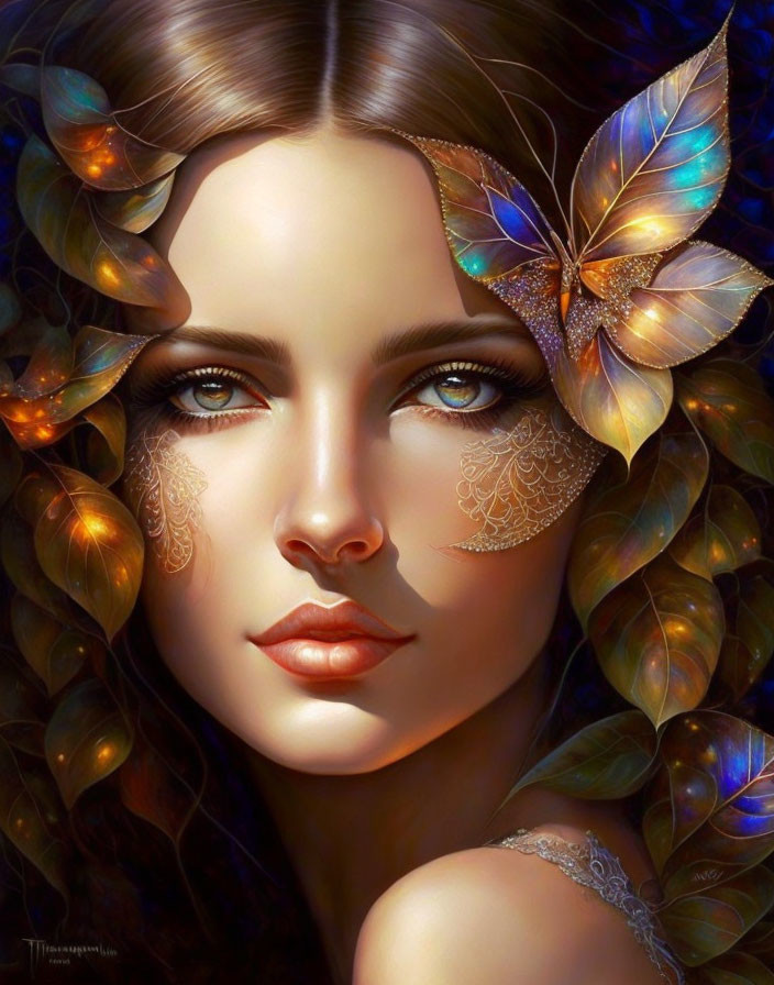 Detailed digital portrait of a woman with brown hair and golden butterfly ornaments.