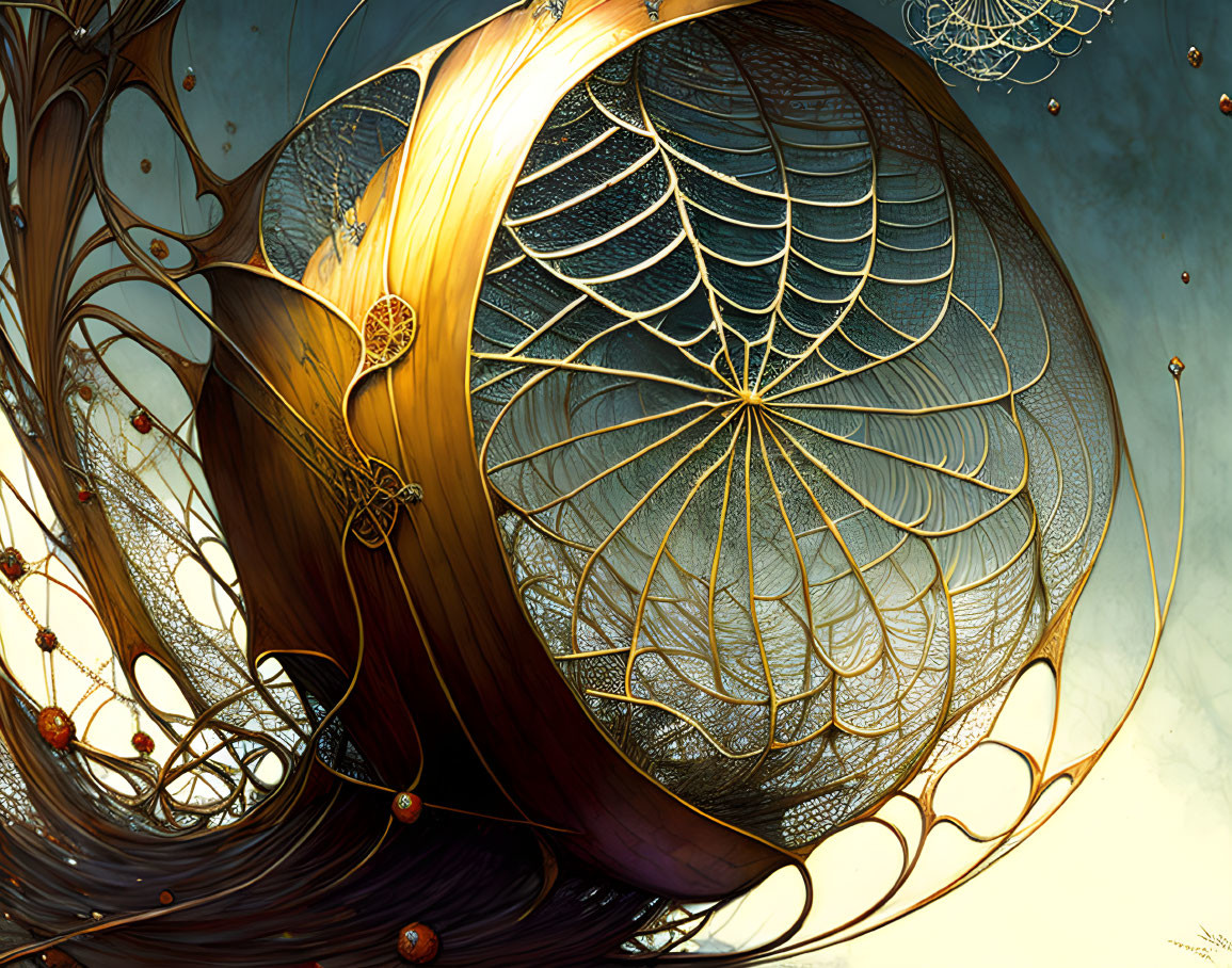 Abstract digital artwork: Intricate golden structures and webs on teal background