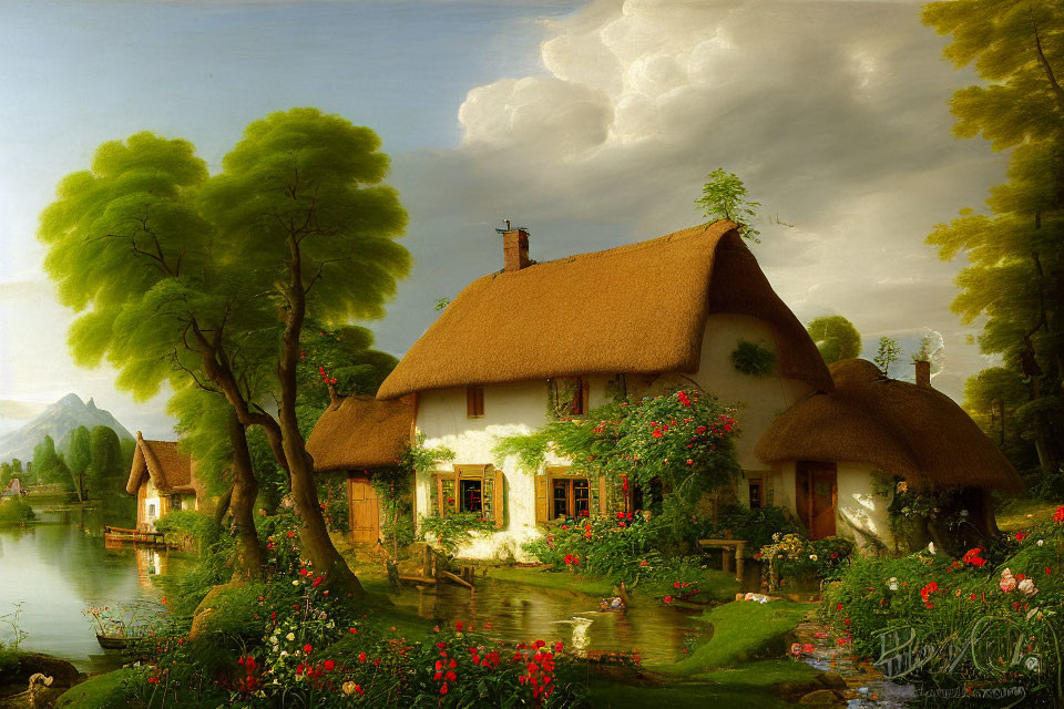 Tranquil landscape with thatched-roof cottage, river, flowers, and trees