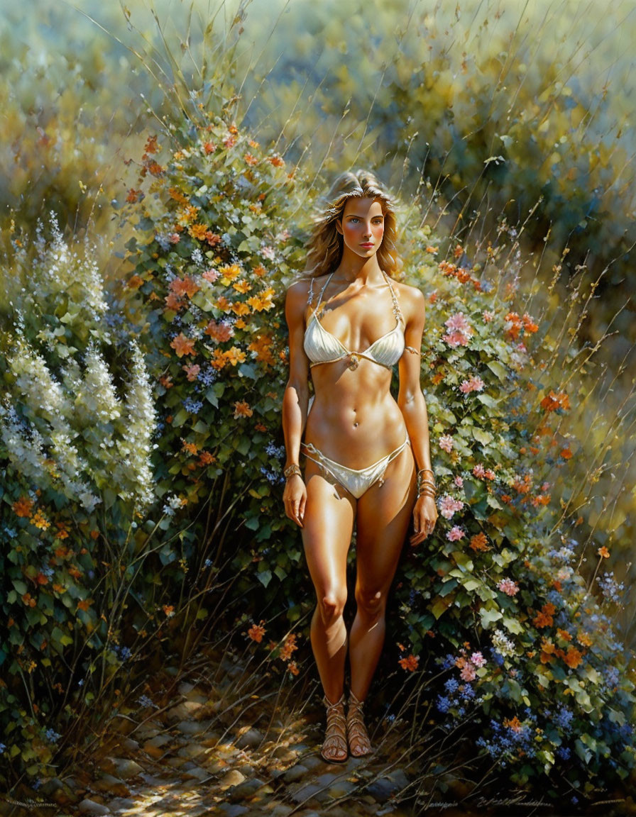 Woman in Bikini on Flower-Lined Path in Vibrant Nature