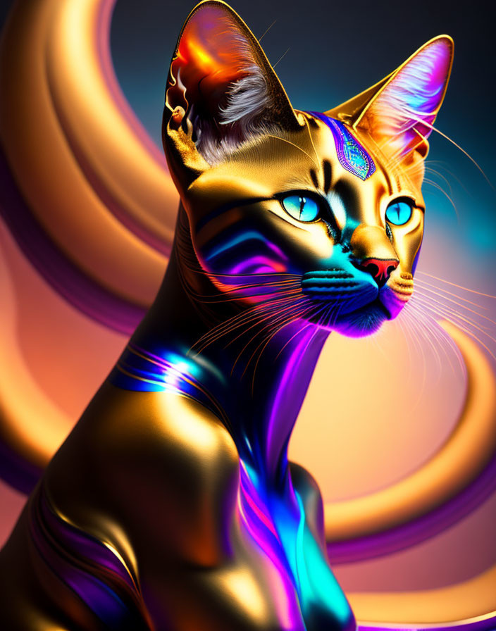 Colorful digital art: Metallic cat with blue eyes and neon highlights