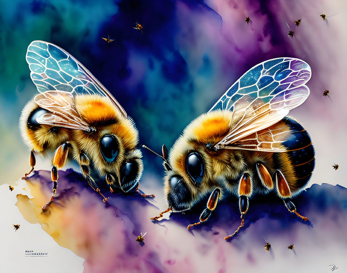 Vibrant bee illustrations with detailed wings on colorful abstract background.