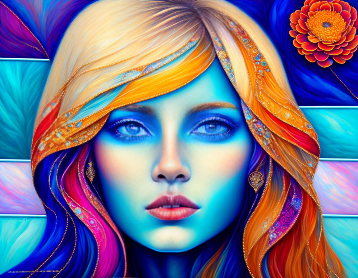 Colorful portrait of woman with blue skin and multicolored hair wearing orange headscarf.