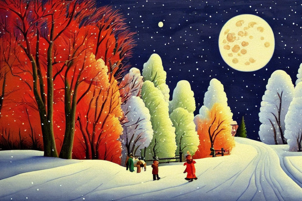 Vibrant winter scene: people walking on snowy path under full moon