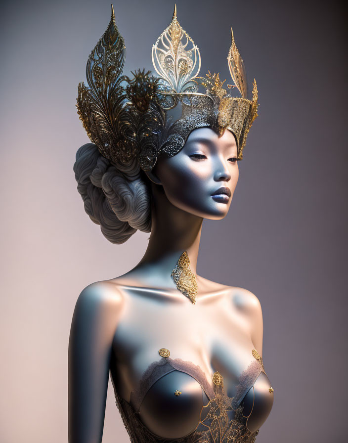 Intricate Gold-Leaf Headpiece on Mannequin with Ornate Body Paint