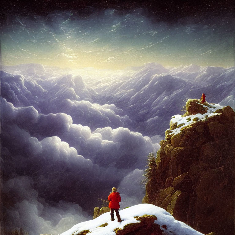 Person in red coat on snowy mountain peak with dramatic sky