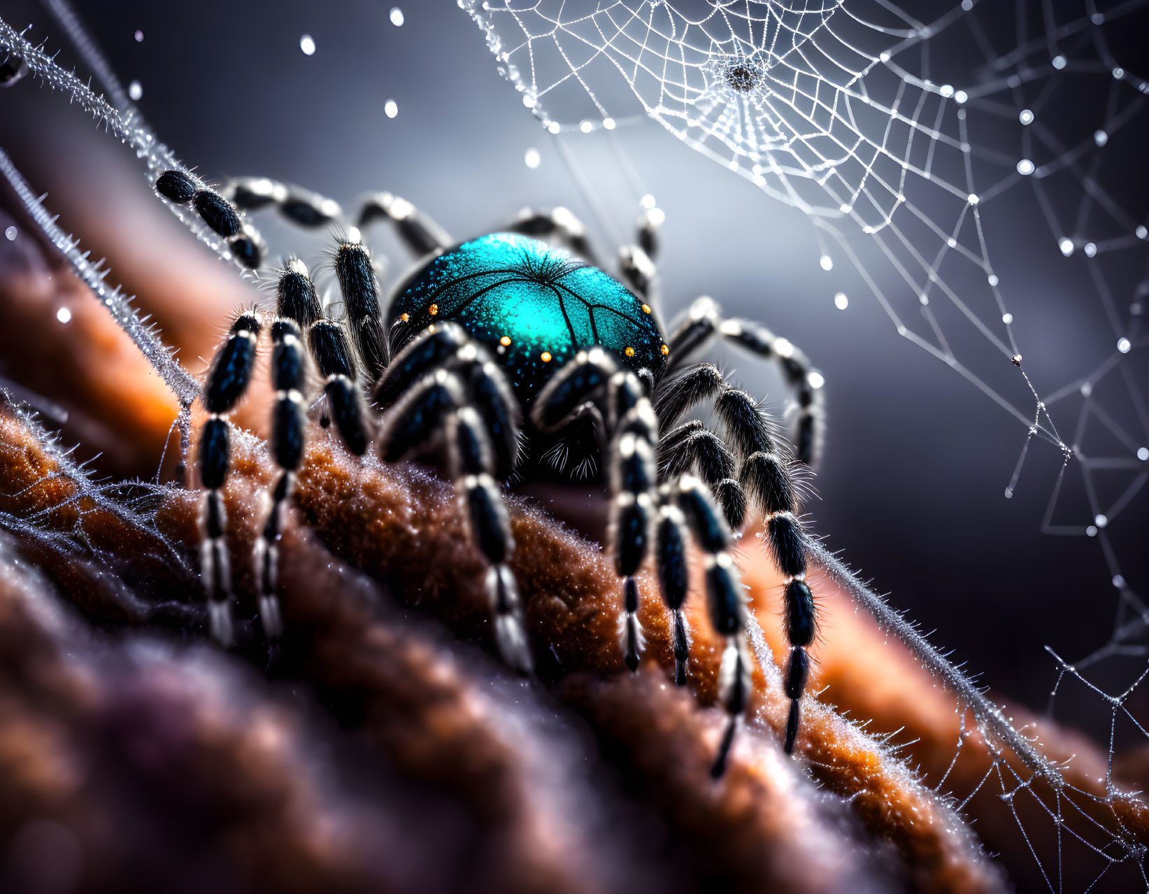 Colorful Spider with Black Markings on Textured Surface Amidst Dewy Spiderwebs