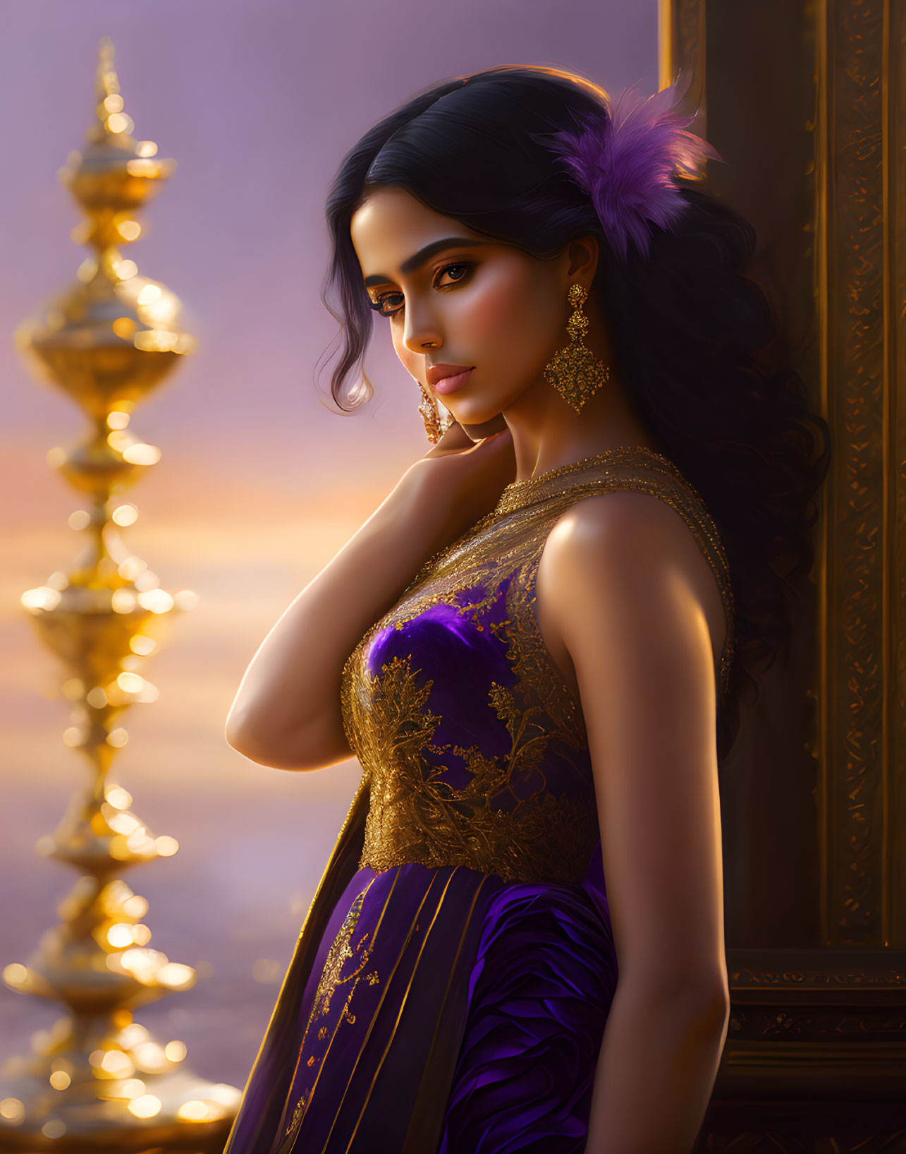 Elegant woman in purple and gold dress with feather beside gold artifact