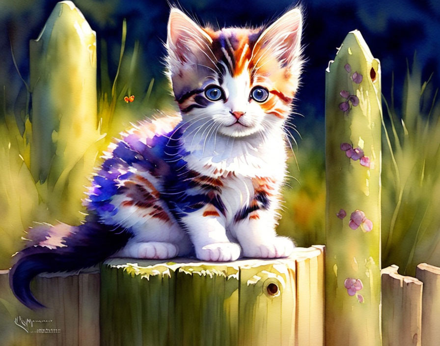 Vivid Striped Kitten on Wooden Fence with Cacti and Flowers