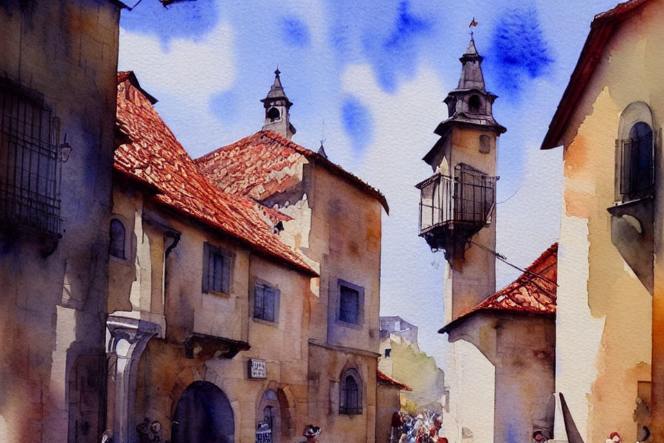 Old Town Street Watercolor: Terracotta Rooftops, Blue Sky