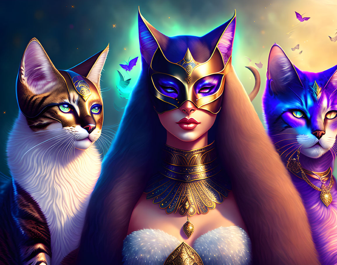 Mystical woman with cat mask, regal cats, butterflies, starry backdrop