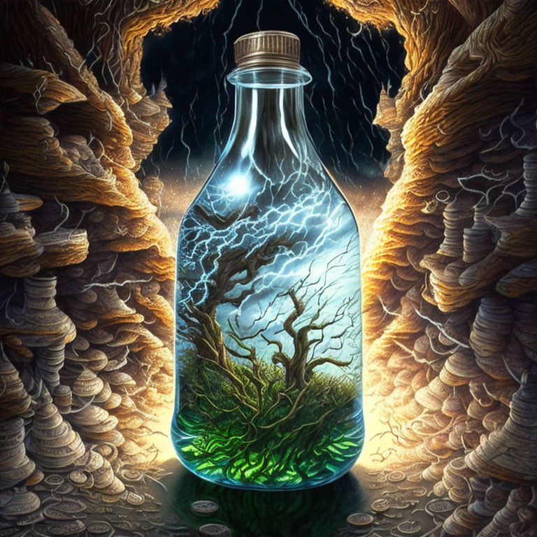 Transparent bottle with miniature thunderstorm, tree, and terrain inside, against dark cave with coin stacks