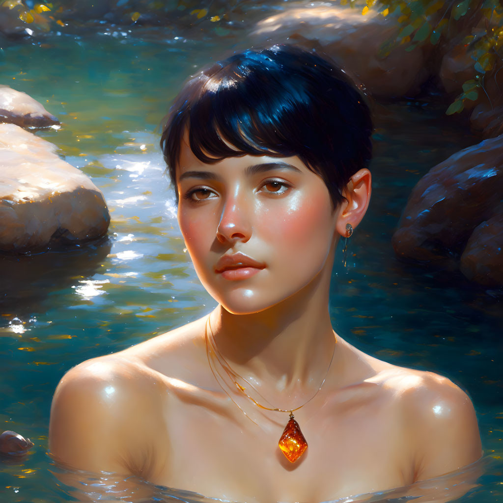 Woman with Short Haircut and Gemstone Pendant in Sunlit Nature Scene