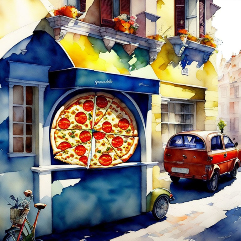 Colorful watercolor of a charming pizza shop with classic car and bicycle