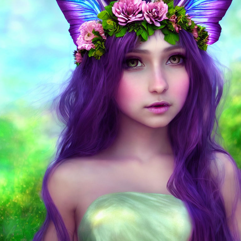 Illustration of mystical female with purple hair, butterfly wings, and flower crown in woodland.