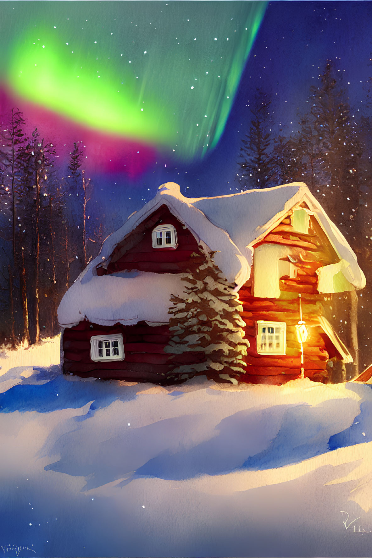 Snow-covered log cabin under starry night sky with vibrant auroras